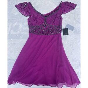 NWT Marina Beaded Silky Polyester Purple Violet Flapper Style Dress‎ Size 4